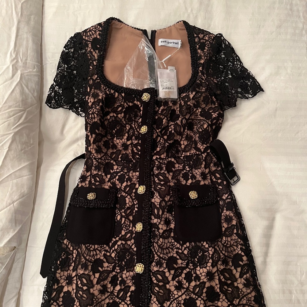 NEW SELF-PORTRAIT embellished belted guipure lace mini dress
